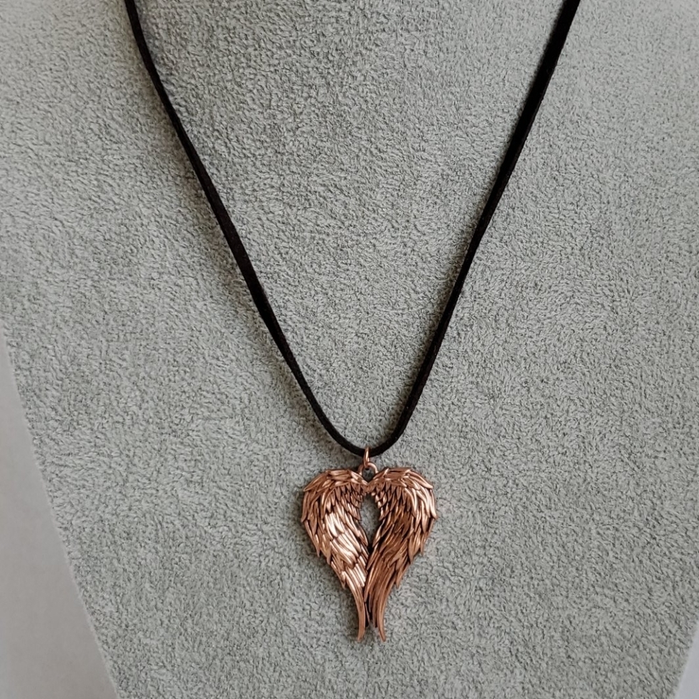 Mens copper angel wings black suede necklace